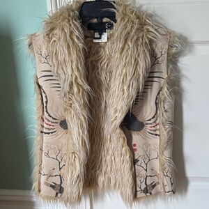 Just Cavalli Beige Faux Fur Vest with Bird Motif